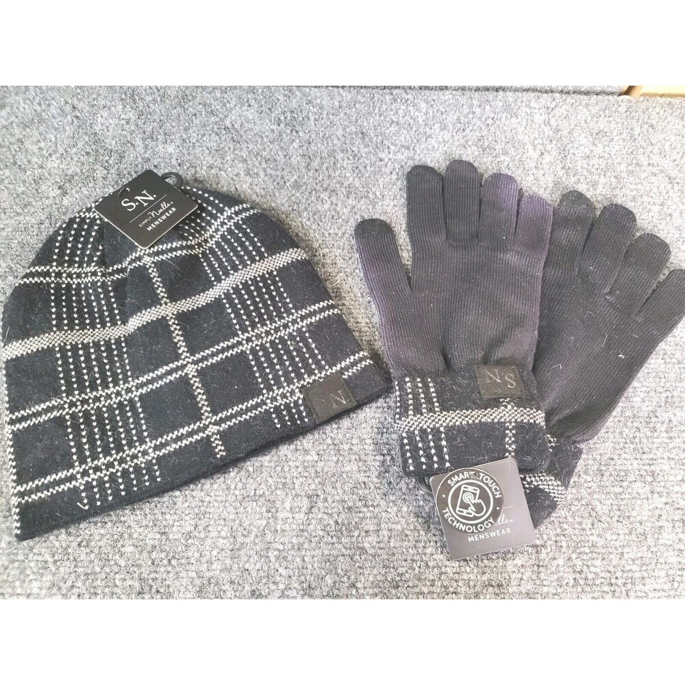 SIMPLY NOELLE Mens Black And White Winter Hat & Smart Technology Gloves Set